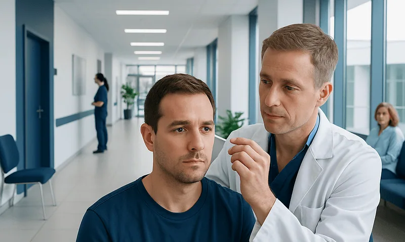Health Library 15 Doctor examines patient's ear in a hospital corridor.