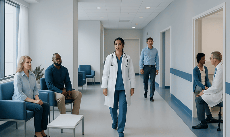 Medical professionals and patients in a hospital waiting area.