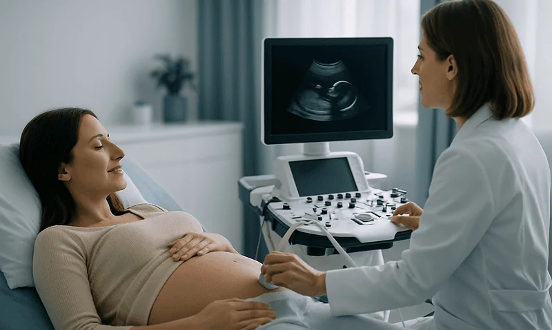 Pregnant woman having ultrasound scan at hospital.
