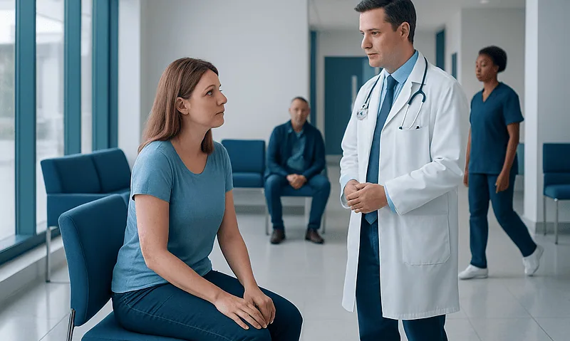 Doctor consulting a patient in a hospital waiting area.