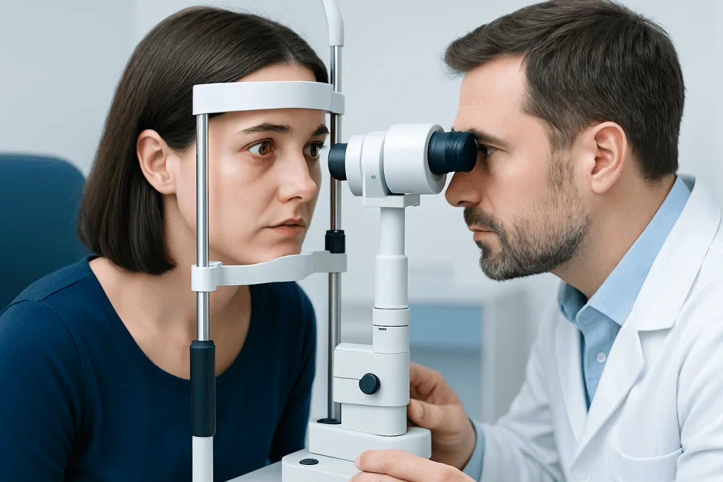 Ophthalmologist examining patient's eye with slit lamp.