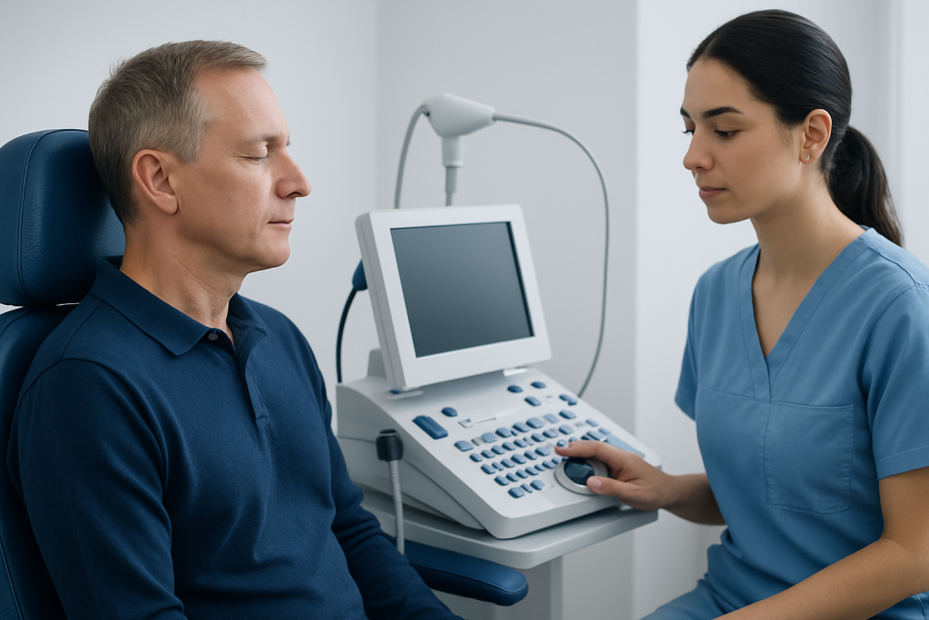 Hearing test being conducted at Acibadem Hospital with medical professional and patient.