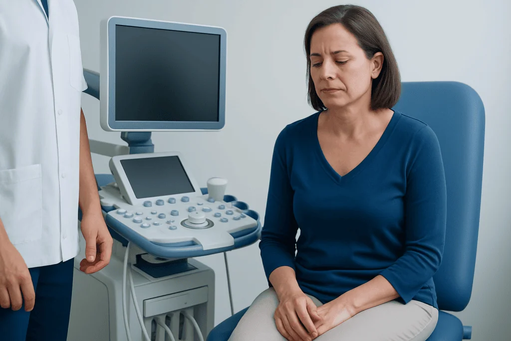 Woman experiencing discomfort during medical examination for stress incontinence.