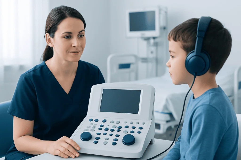 Pediatric speech therapy session with medical equipment at Acibadem Hospital.