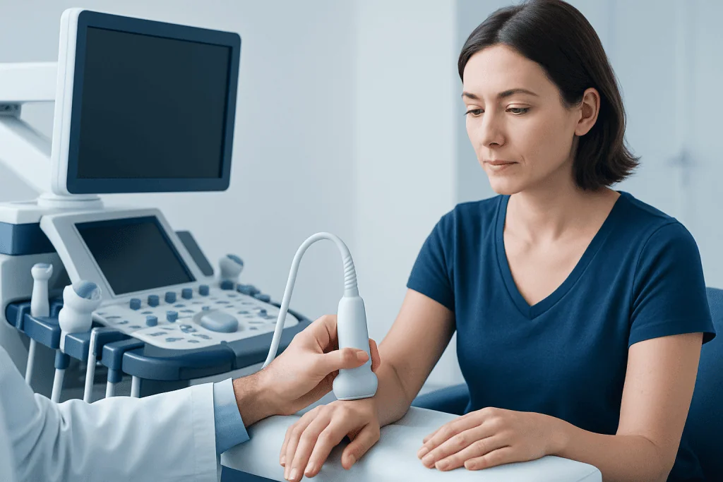 Doctor performs ultrasound on woman's wrist for carpal tunnel assessment.