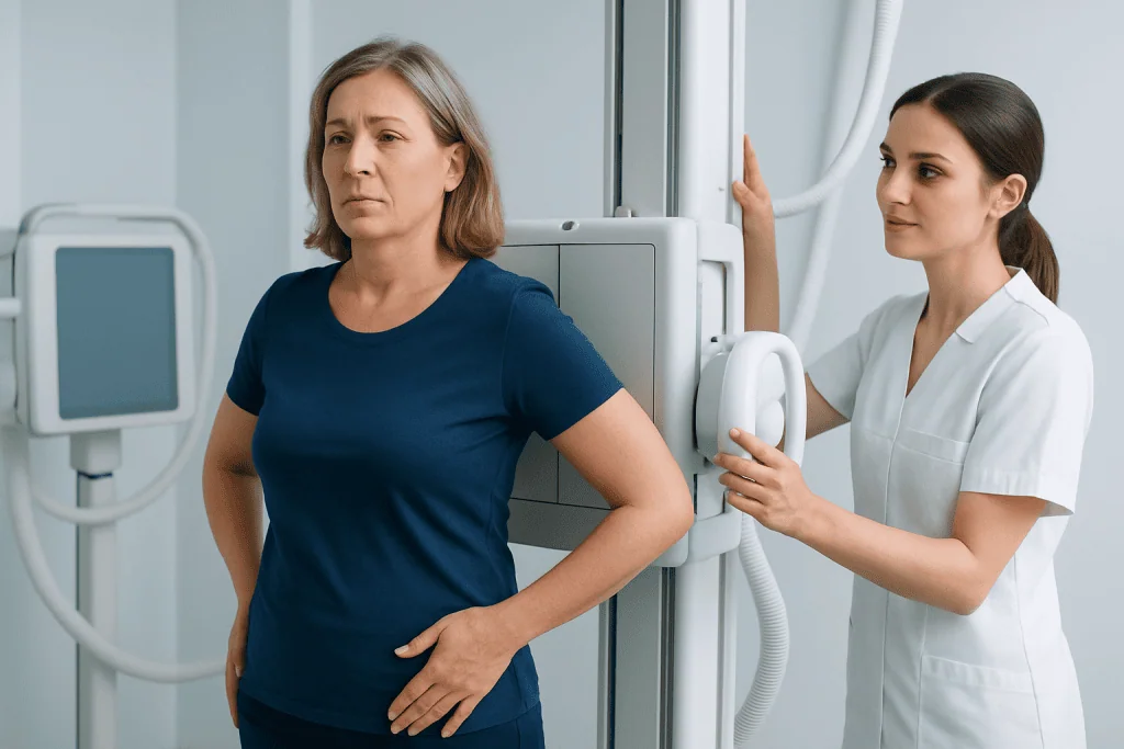 Woman undergoing spinal X-ray at Acibadem Hospital for scoliosis assessment.