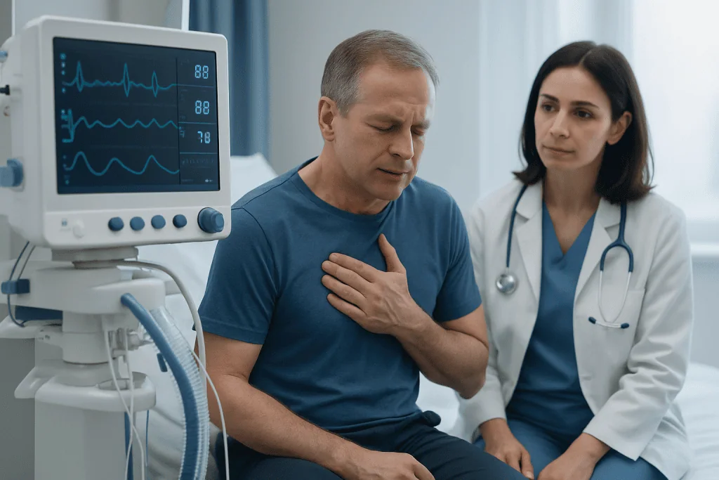 Patient experiencing chest pain during a medical examination at Acibadem Hospital.