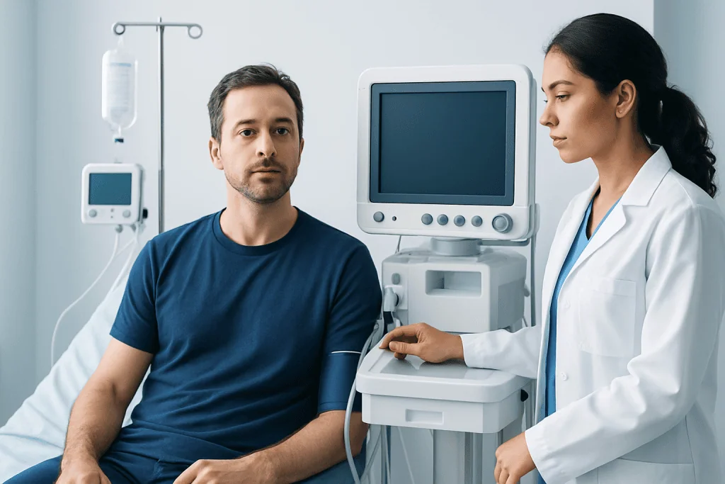 Doctor checking patient's blood pressure in hospital room.