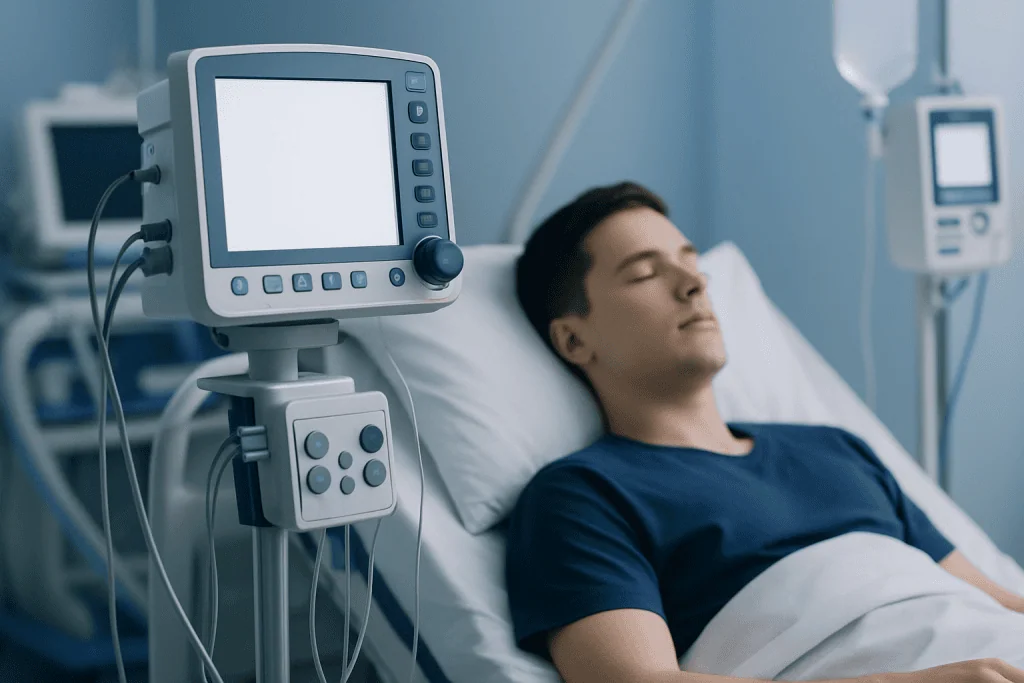 Patient in hospital bed connected to medical monitoring devices.