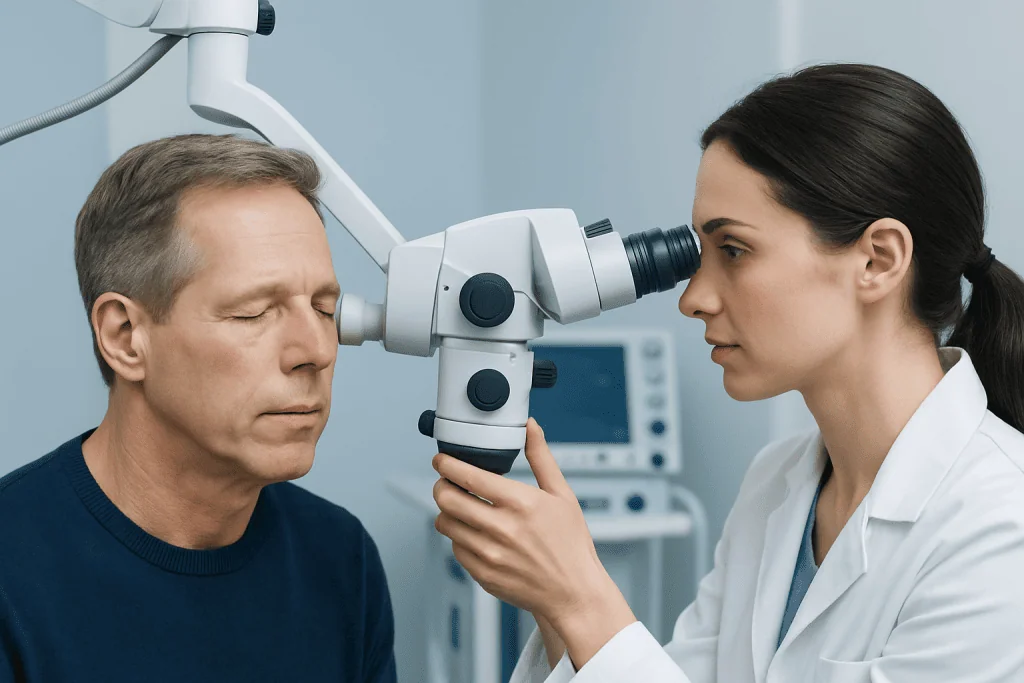 Doctor examining patient's ear with a microscope in a medical setting.