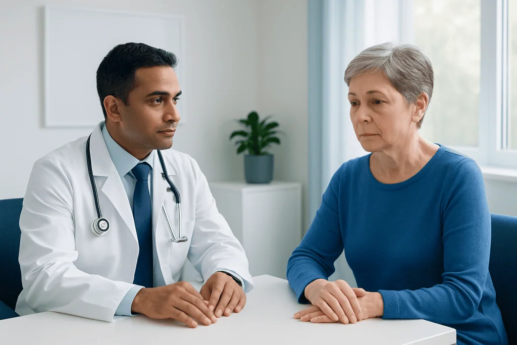 Doctor consulting with an elderly female patient in a medical office.