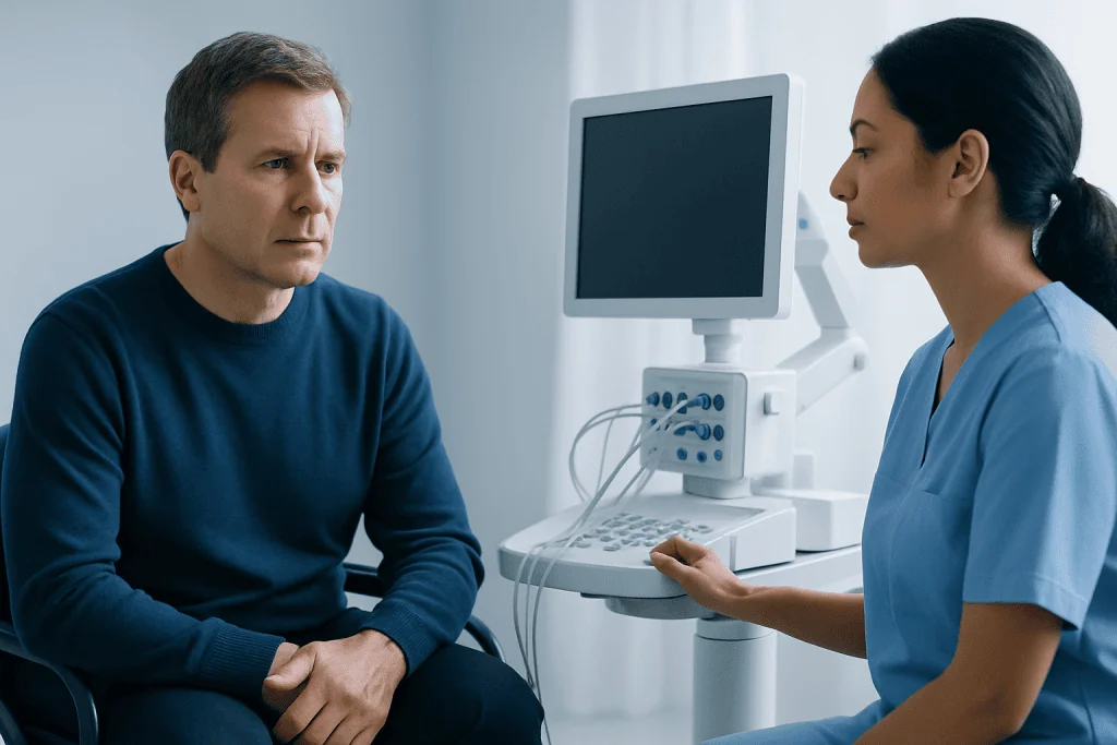 Doctor consulting with patient in a medical examination room.