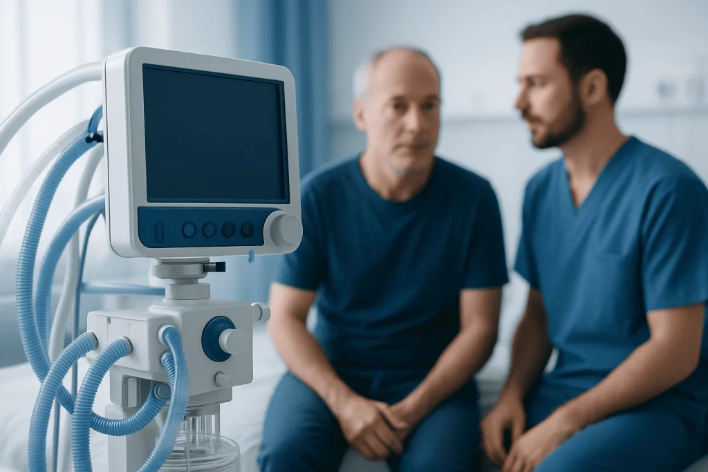 Medical consultation with two male doctors in a hospital setting.