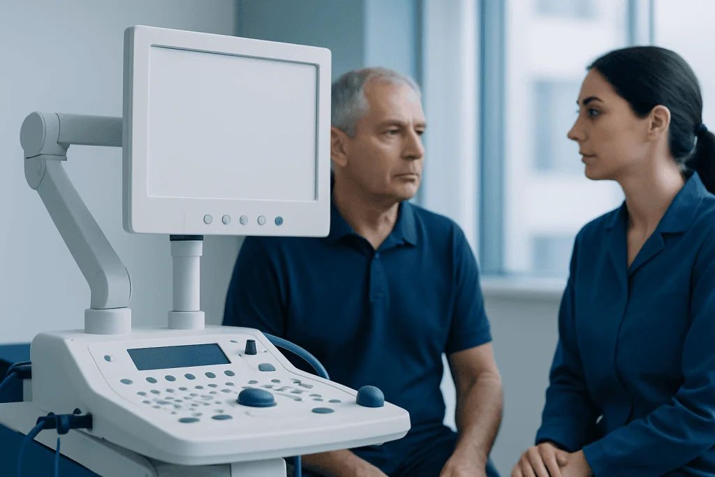 Medical professional consulting an older patient in a clinical setting.