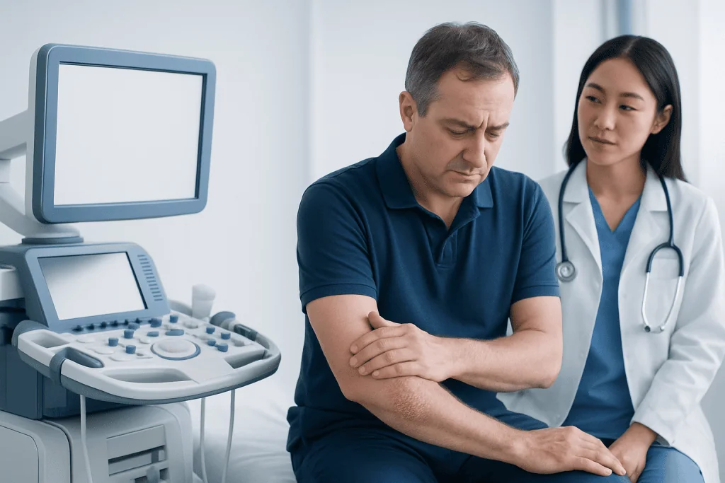 Doctor examining a patient with an ultrasound machine in a clinic setting.