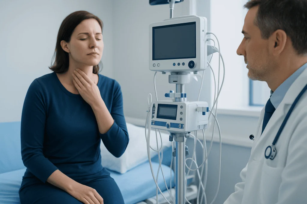 Patient experiencing sore throat during medical consultation at Acibadem Hospital.