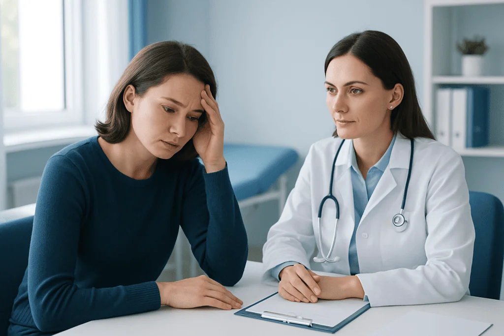 Doctor consulting with a patient about symptoms in a medical office.