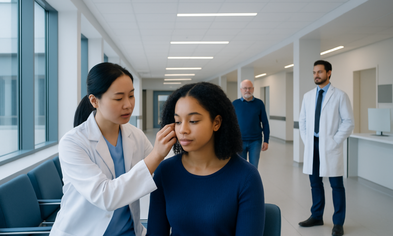 Earring Keloid Treatment: How It Works, Results and What to Expect 12 Doctor examining a young girl in a hospital corridor.