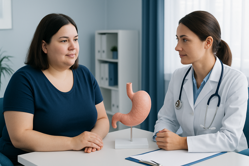 Doctor explaining gastric sleeve procedure to patient with stomach model.