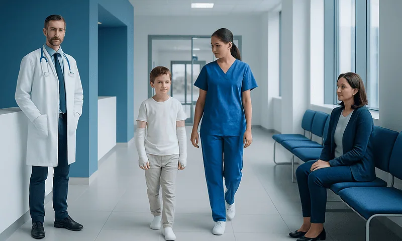Medical team and patient in hospital corridor at Acibadem Hospitals Group.