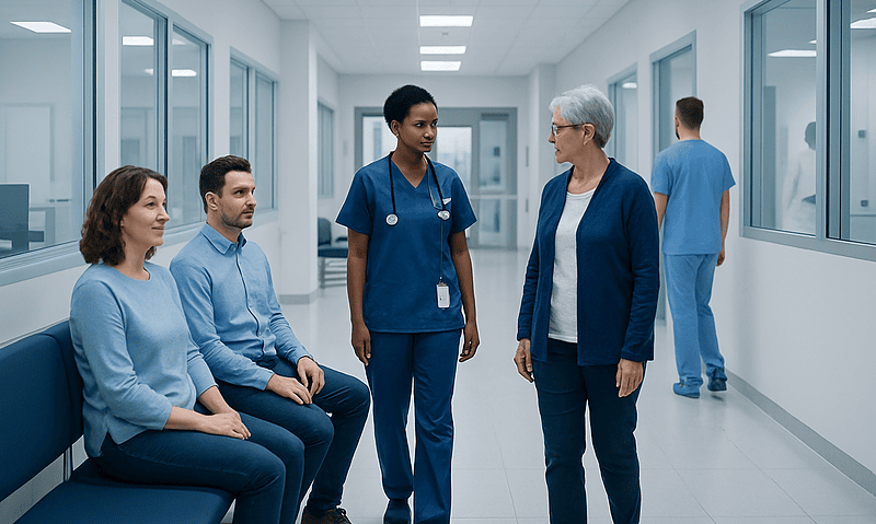 Healthcare professionals and patients in a hospital corridor discussing treatment.