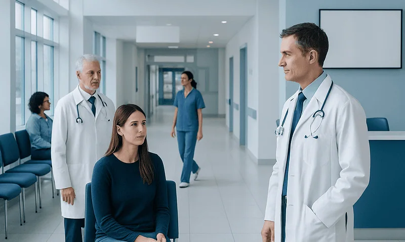 Medical consultation in a hospital corridor with doctors and patient.