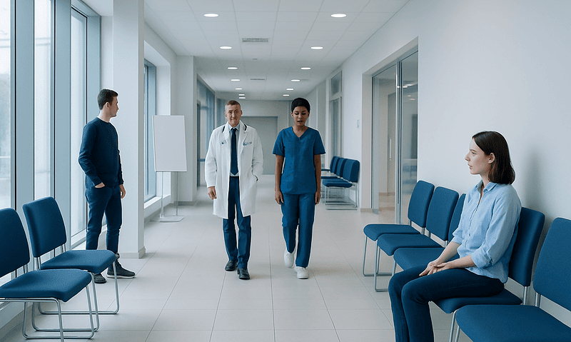 Hospital corridor with medical staff and patient waiting area.