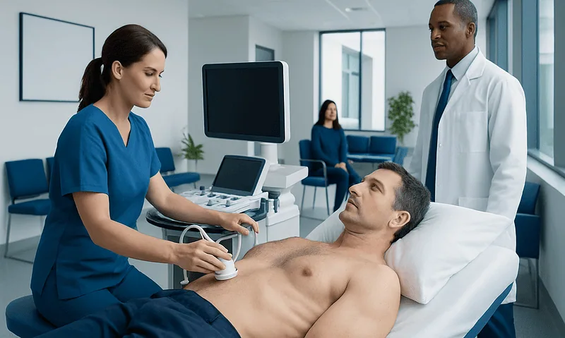 Doctor performing an echocardiogram on a male patient in a hospital room.