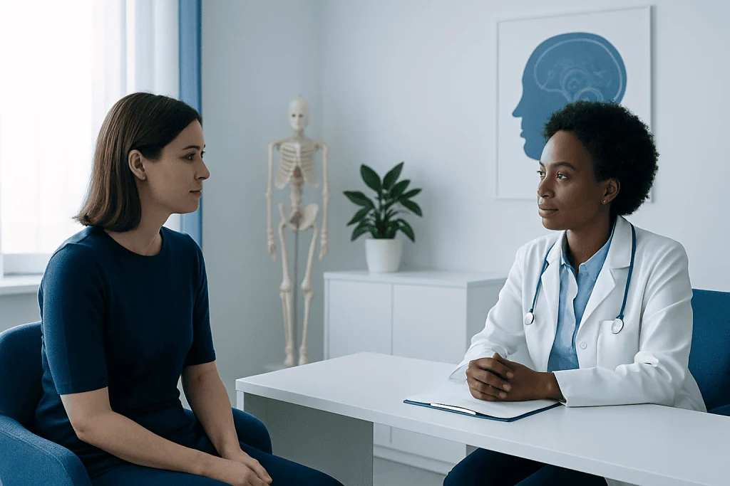 Doctor consulting with a patient in a medical office with brain scan image on the wall.