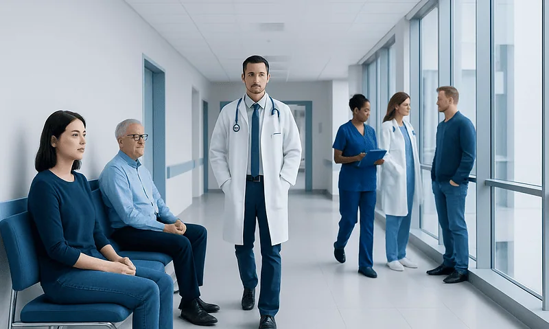 Medical team and patients in a modern hospital corridor.