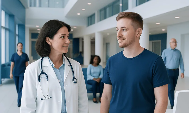 Doctor and patient talking in hospital corridor.