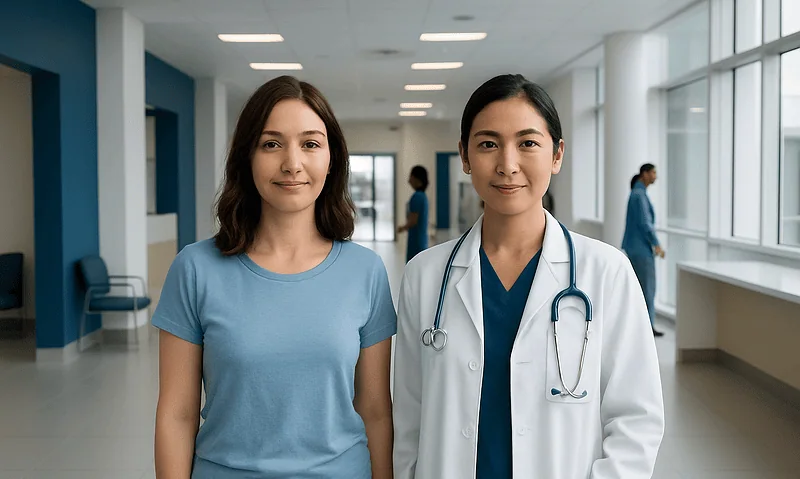 Female patient with doctor in hospital corridor at Acibadem Hospitals Group.