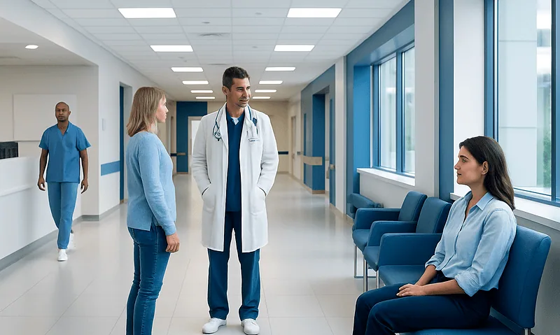 Medical consultation in a hospital corridor with healthcare professionals and patient.