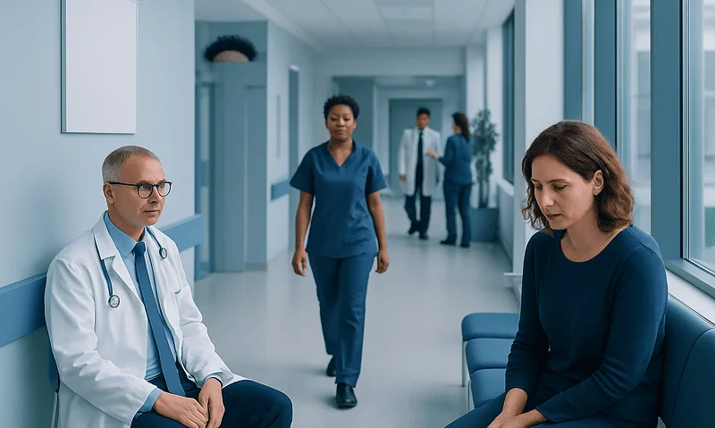 Patients and healthcare professionals in a hospital corridor.