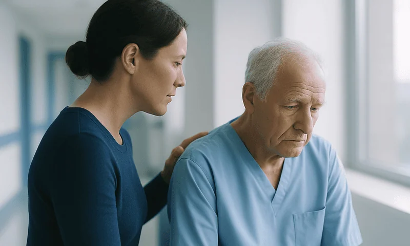 Compassionate nurse supporting an elderly patient with a shoulder injury.