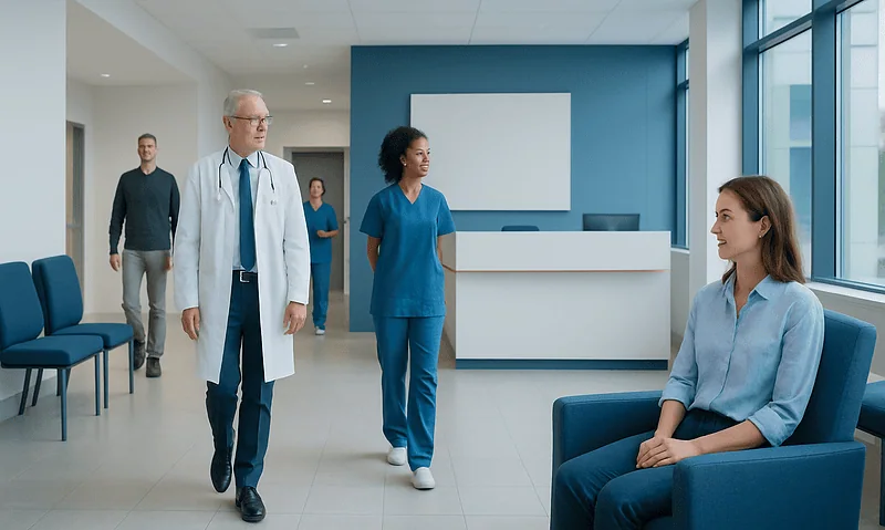 Medical team consulting with patient in hospital corridor at Acibadem Hospitals Group.