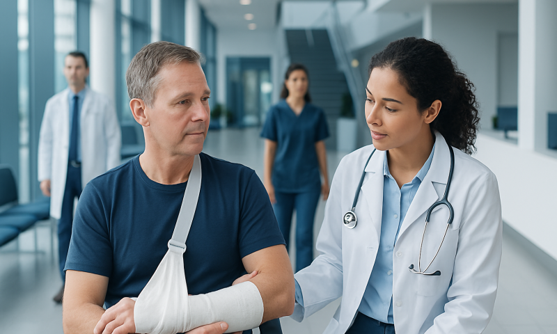 Doctor consulting with a patient with arm injury at Acibadem Hospital.