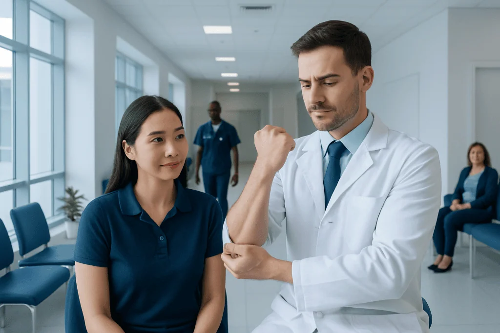 Elbow Flexion: A Complete Medical Overview 1 Doctor examining a patient's arm in a hospital corridor.