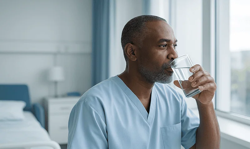 Male healthcare professional drinking water in a hospital room.