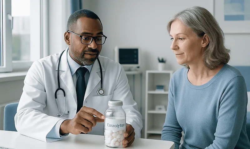 Doctor explaining electrolyte supplements to an elderly woman in a clinic.
