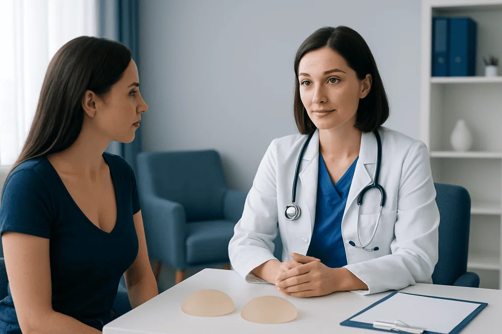 Doctor consulting with patient about breast augmentation eligibility criteria.