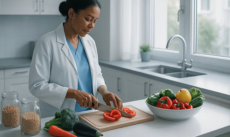 Female healthcare professional preparing vegetables in a modern kitchen.