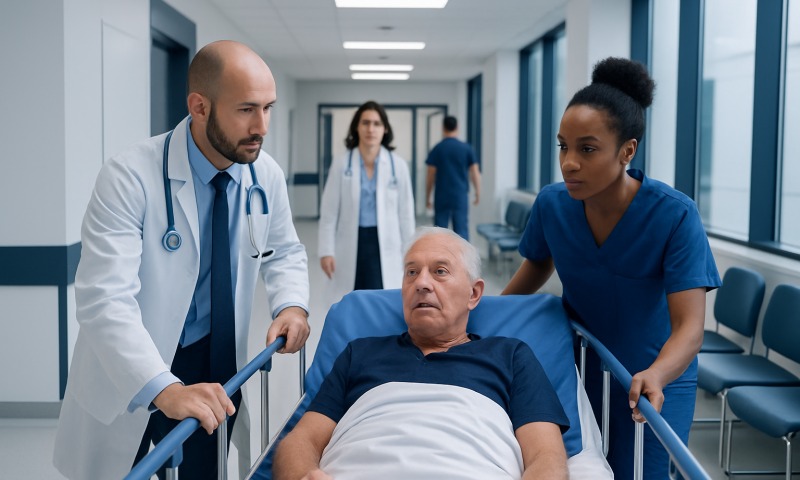 Medical team attending to a patient in a hospital corridor.