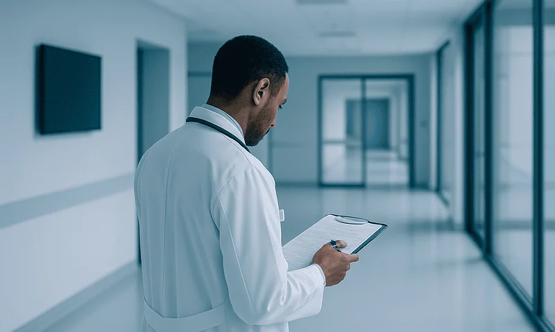 Doctor reviewing patient information in a modern hospital corridor.