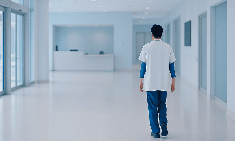Healthcare professional walking in hospital corridor with white walls and blue accents.