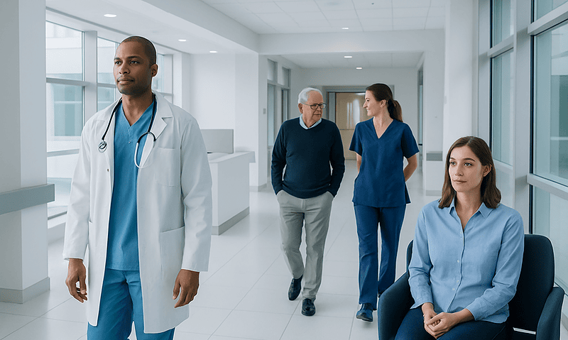 Medical professionals and a patient in a hospital corridor at Acibadem Hospitals Group.