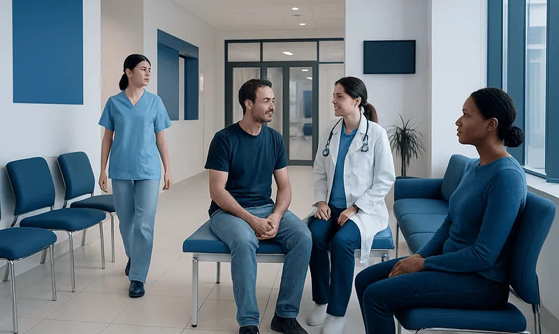 Doctor consulting with patients in a hospital waiting area.