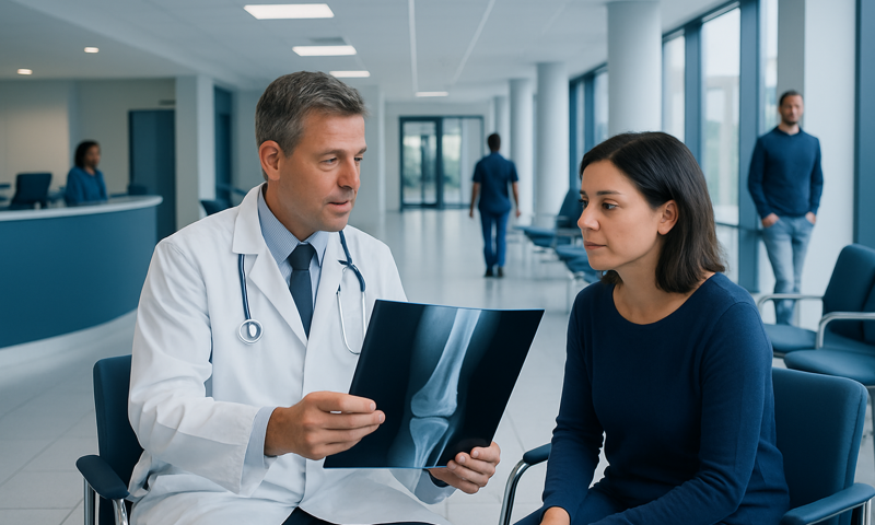 Doctor explaining X-ray results to a patient in a hospital corridor.