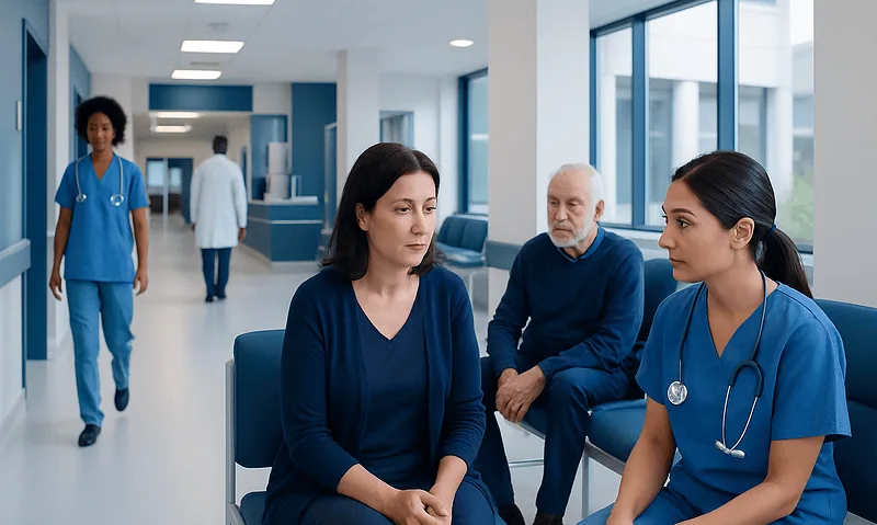 Patients and healthcare professionals in a hospital corridor at Acibadem Hospitals Group.