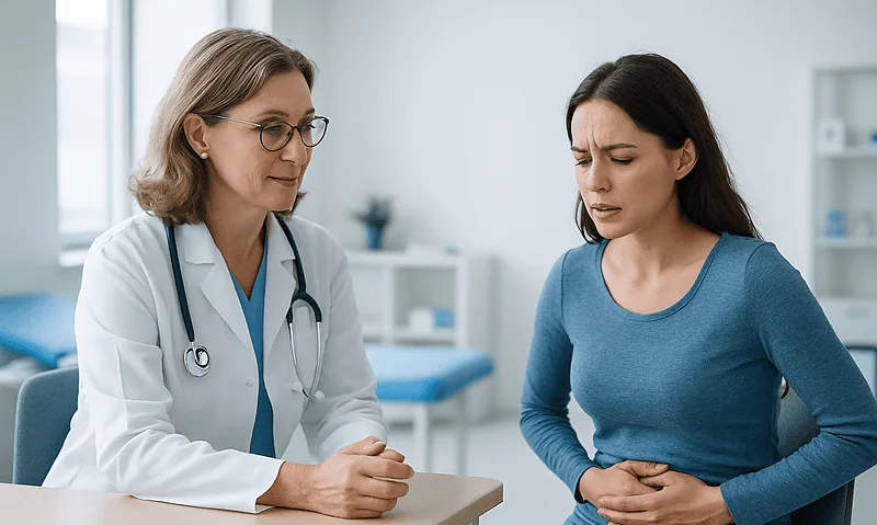 Doctor consulting a woman with abdominal pain in a clinic setting.